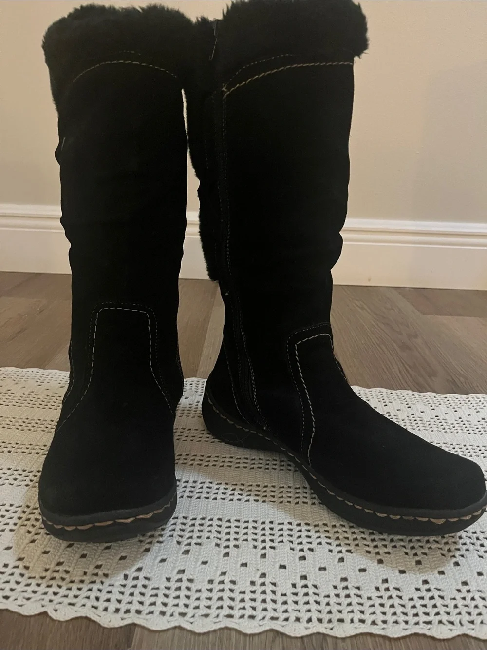 Bare Traps Black Suede Tall Winter Boots with Faux Fur Trim size 7 NWOB